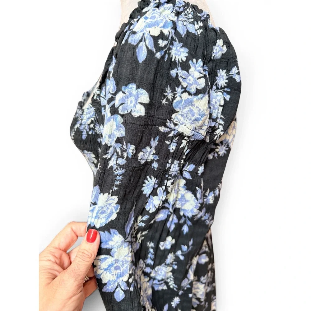 Free People Floral Maxi Dress Blue Black Small Smocked Long Sleeve Square Neck‎